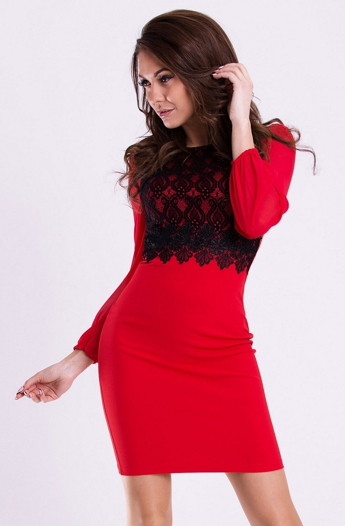 Dámské společenské šaty EMAMODA s dlouhými rukávy červená-černá L