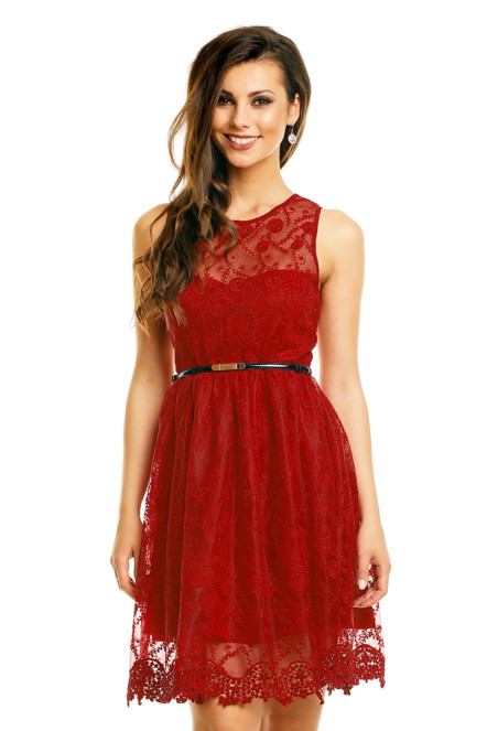 Společenské šaty krajkové s páskem středně dlouhé - MAYAADI červená XL