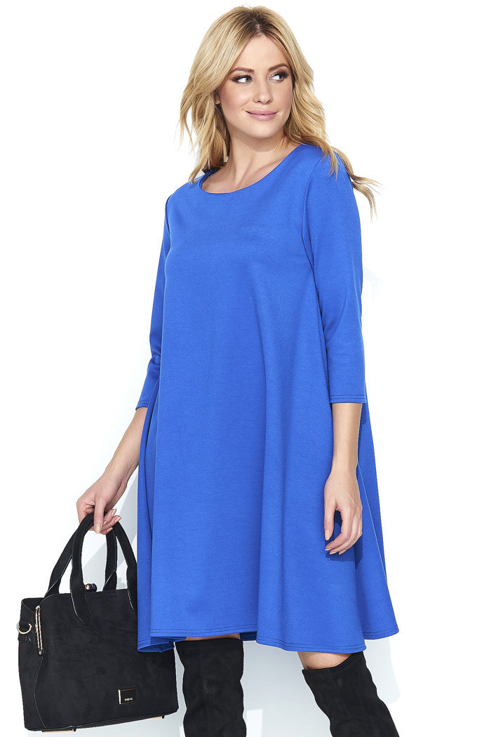 Dámské šaty na denní nošení ve volném střihu středně dlouhé - Makadamia modrá 44