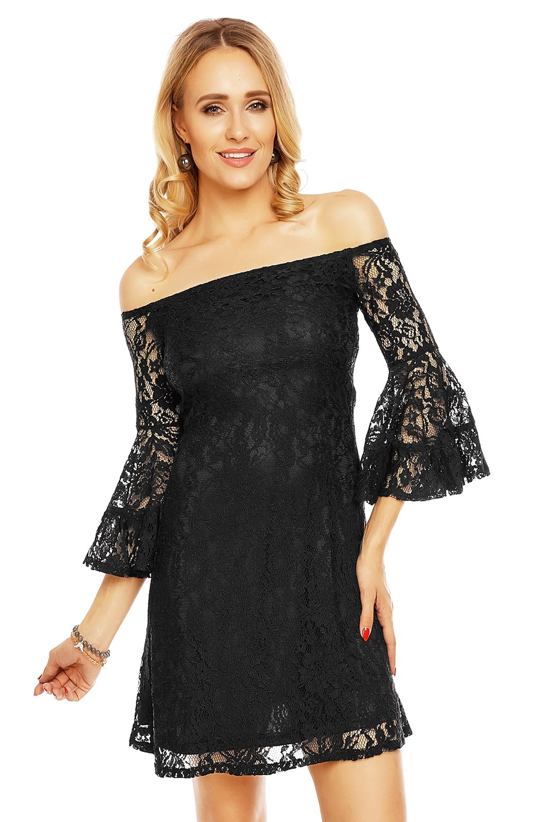 Krajkové dámské šaty s lodičkovým výstřihem a širokými rukávy - MAYAADI černá XL