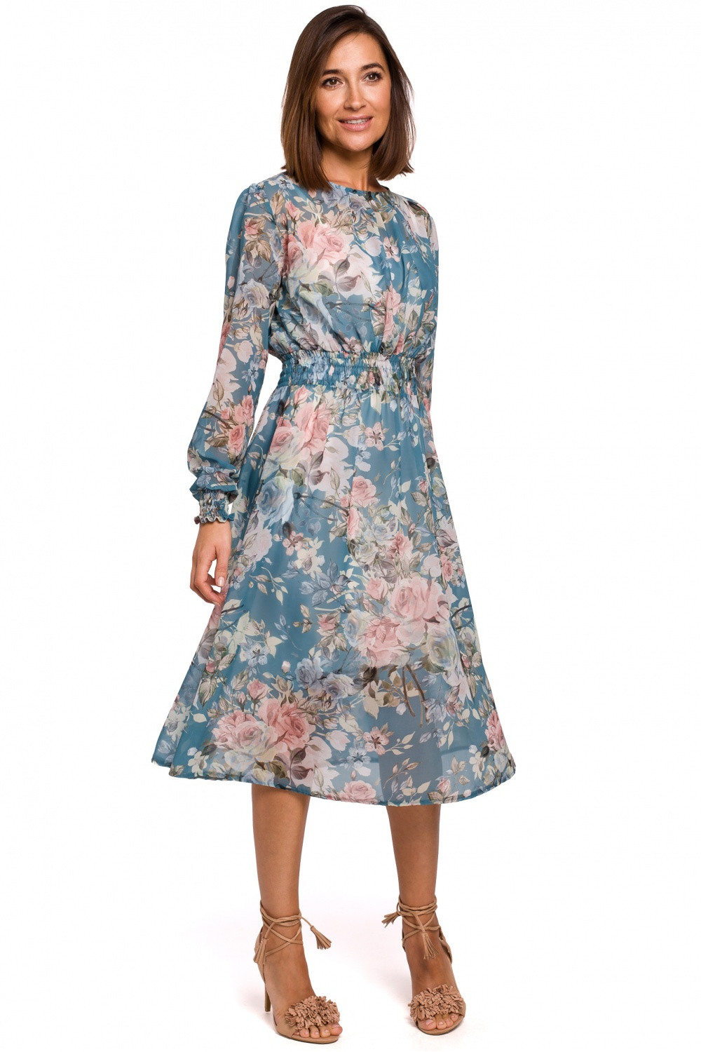 Dámské šaty S213 - Stylove modrá - květy M-38
