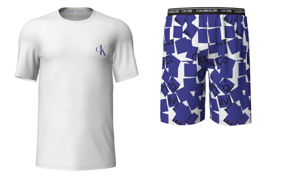 Pánské krátké pyžamo 000NM2128E 6OF bílá/modrá - Calvin Klein bílá/modrá M