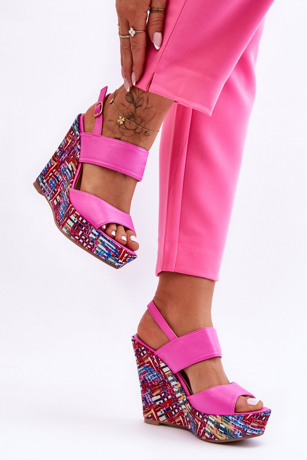 Dámské sandály na klínech S-1102 Tmavě růžová mix - Renda růžová -mix barev 37
