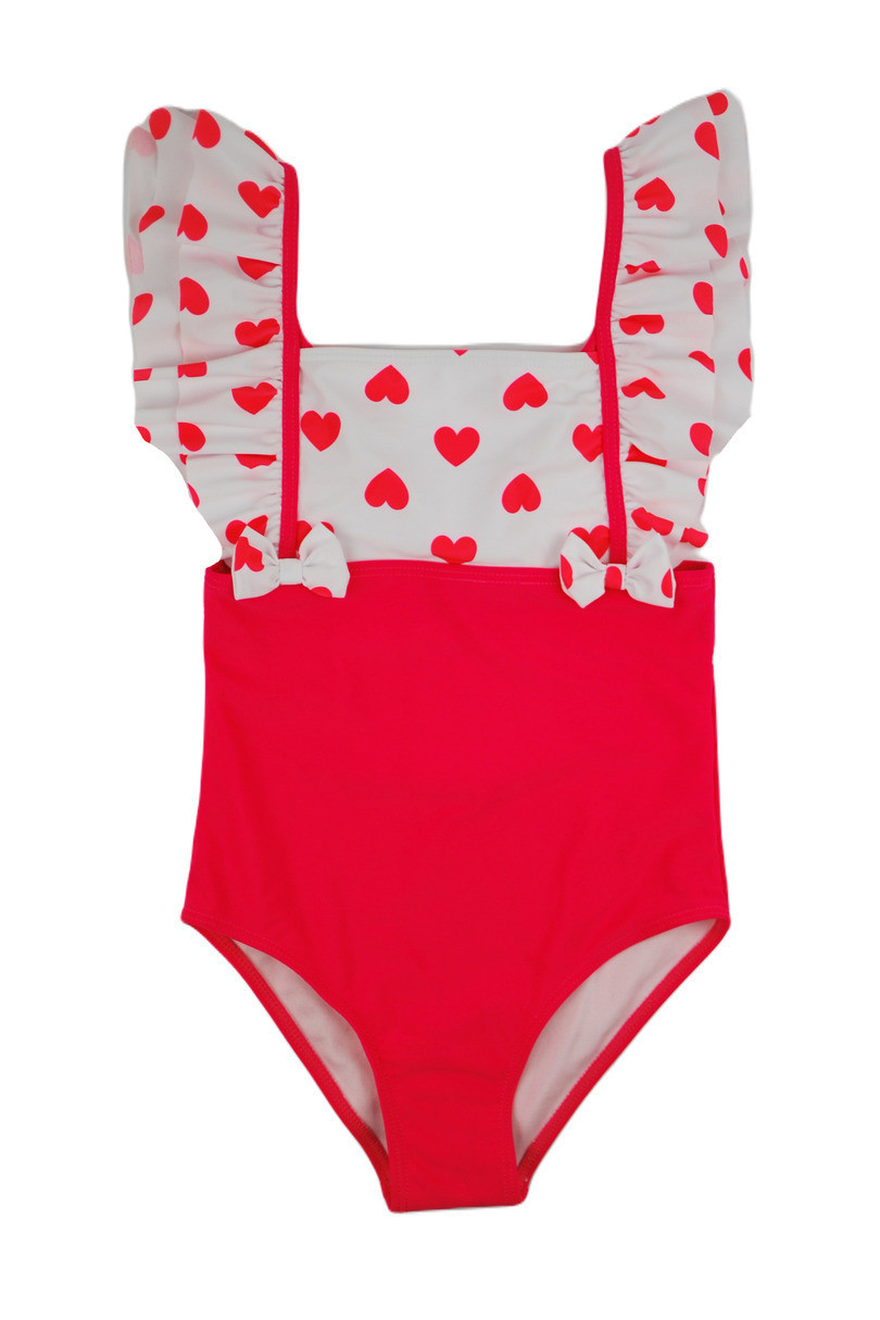 Jednodílné dívčí plavky se srdíčky růžovo-bílá KD006 - Noviti 116-122