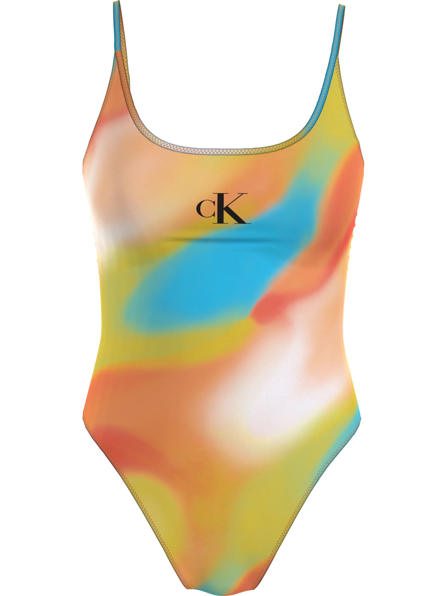 Dámské jednodílné plavky SCOOP ONE PIECE-PRINT KW0KW02086 0G0 oranžovožluté - Calvin Klein 3XL