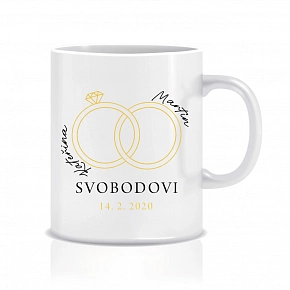Personalizovaný klasický bílý keramický hrníček 300 ml s prstýnky a jmény Personalizovaný klasický bílý keramický hrníček 300 ml s prstýnky a jmény