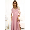 Dámské dlouhé krajkové šaty 309-13 AMBER pudrově růžové - Numoco