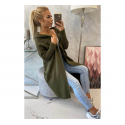 Dámský dlouhý svetr s kapucí S2020-14 Khaki tmavě zelená - K-Fashion