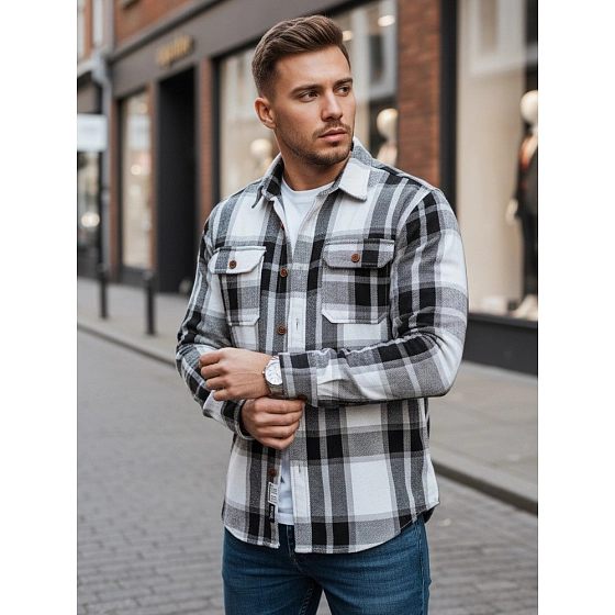 Pánská kostkovaná flanelová košile DX2673 černobílá - FashionStreet