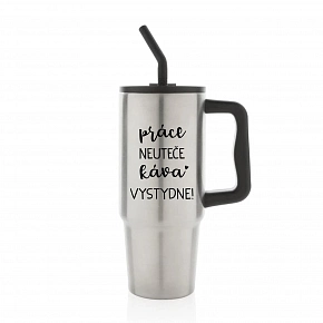 PRÁCE NEUTEČE, KÁVA VYSTYDNE! - stříbrný cestovní termohrnek 900 ml PRÁCE NEUTEČE, KÁVA VYSTYDNE! - stříbrný cestovní termohrnek 900 ml