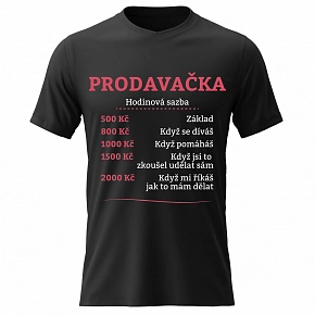Dámské bavlněné tričko s potiskem - HODINOVÁ SAZBA PRODAVAČKA - černé