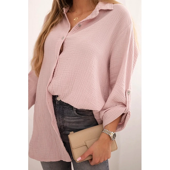 Bavlněná mušelínová košile Plus Size 65622 pudrově růžová - Kesi