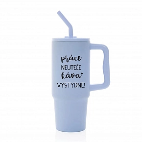 PRÁCE NEUTEČE, KÁVA VYSTYDNE! - světle modrý cestovní termohrnek 900 ml PRÁCE NEUTEČE, KÁVA VYSTYDNE! - světle modrý cestovní termohrnek 900 ml
