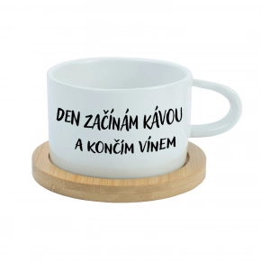 DEN ZAČÍNÁM KÁVOU A KONČÍM VÍNEM - bílý hrníček makronka 200 ml