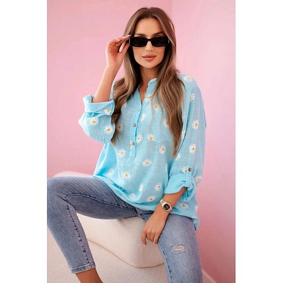 Lněná halenka s květinovým vzorem 22062 modrá - Kesi