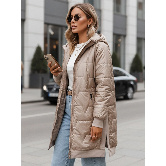 Dlouhá dámská bunda s kapucí TY5810  sv.hnědá - FashionStreet