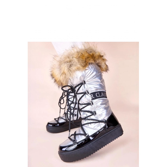 Dámské sněhule AT001 Stříbrná s černou - CHIC shoes