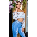 Dámský sexy volánkový top Carmen T80149 Růžová s květinovým vzorem - Style fashion