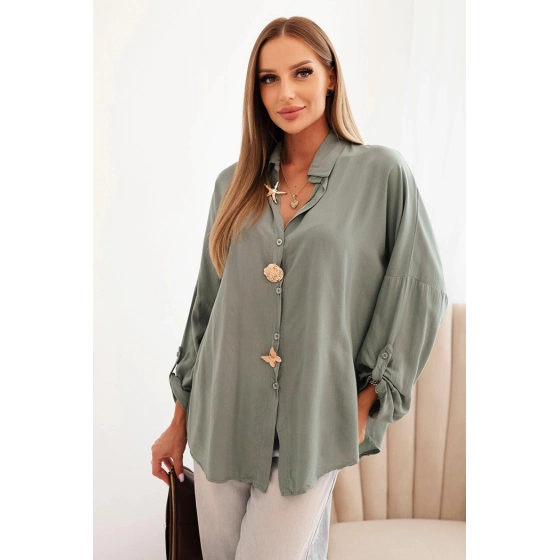 Dámská košile s ozdobnými knoflíky 61953 Khaki zelená - K-Fashion
