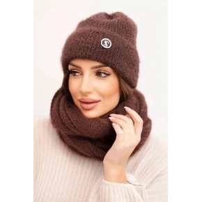 Dámská souprava s čepicí a šálou hnědá - K-Fashion