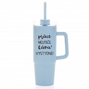 PRÁCE NEUTEČE, KÁVA VYSTYDNE! - světle modrý cestovní termohrnek s průhledným víčkem 900 ml  