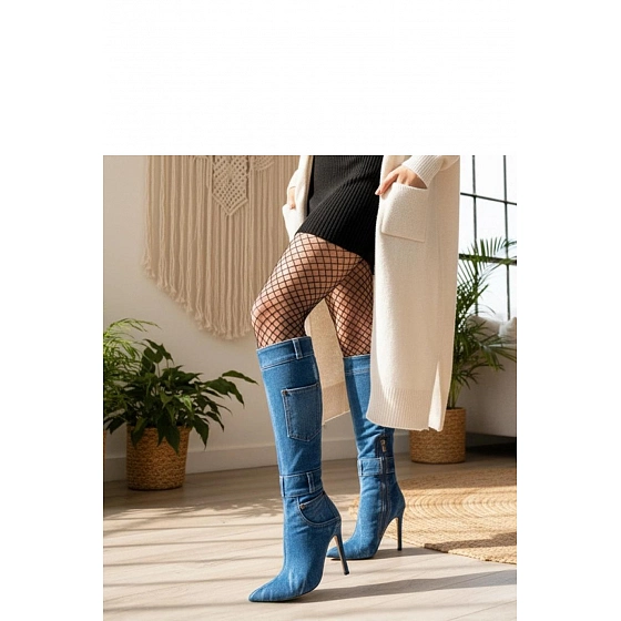 Dámské kozačky na podpatku SXX-5 Jeans modrá - Step in Style