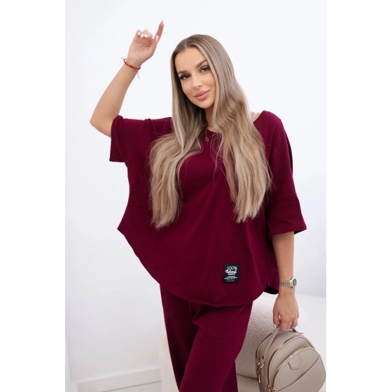 Bavlněný komplet halenka a kalhoty 6727 bordó - Kesi