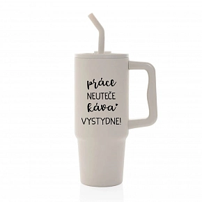 PRÁCE NEUTEČE, KÁVA VYSTYDNE! - béžový cestovní termohrnek 900 ml PRÁCE NEUTEČE, KÁVA VYSTYDNE! - béžový cestovní termohrnek 900 ml