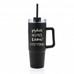 PRÁCE NEUTEČE, KÁVA VYSTYDNE! - černý cestovní termohrnek s průhledným víčkem 900 ml  