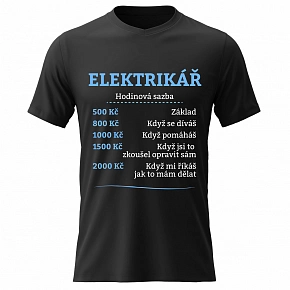 Pánské bavlněné tričko s potiskem - HODINOVÁ SAZBA - ELEKTRIKÁŘ - černé