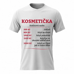 Dámské bavlněné tričko s potiskem - HODINOVÁ SAZBA KOSMETIČKA - bílé
