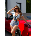 Dámský sexy zavinovací top s krajkou R1300A modrý s květy - J. Stars