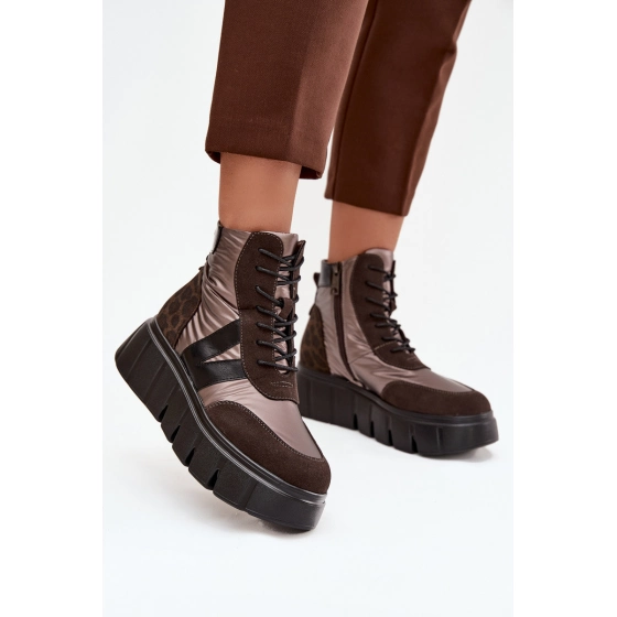 Dámské zateplené kotníkové boty na platformě 58562 Hnědá vzor - Vinceza