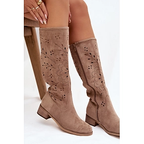 Ažurové kozačky na klínu NS596P béžové - Seastar