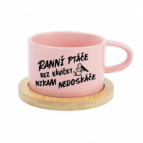 RANNÍ PTÁČE BEZ KÁVIČKY NIKAM NEDOSKÁČE - růžový hrníček makronka 200 ml