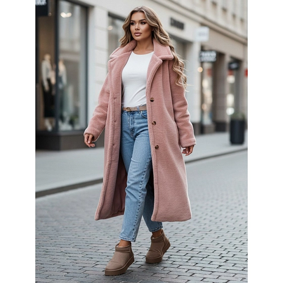 Dámský zimní kabát chlupáč dlouhý NY0751z růžový - FashionStreet