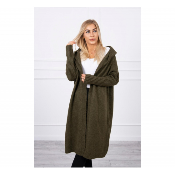Dámský dlouhý svetr s kapucí S2020-14 Khaki tmavě zelená - K-Fashion