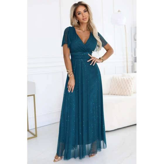 Dlouhé třpytivé šaty 635-1 MELANIA lahvově zelené - Numoco