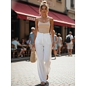 Dámské lněné kalhoty s širokými nohavicemi UY3075 bílé - FashionStreet 