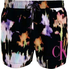 Pánské plavky SHORT DRAWSTRING KM0KM00968 0GJ černá s barevným vzorem - Calvin Klein