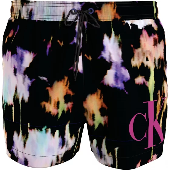 Pánské plavky SHORT DRAWSTRING KM0KM00968 0GJ černá s barevným vzorem - Calvin Klein