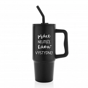 PRÁCE NEUTEČE, KÁVA VYSTYDNE! - černý cestovní termohrnek 900 ml PRÁCE NEUTEČE, KÁVA VYSTYDNE! - černý cestovní termohrnek 900 ml