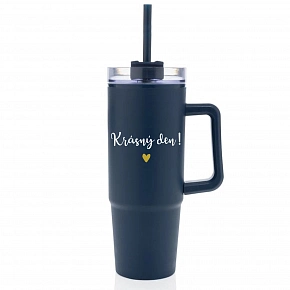 KRÁSNÝ DEN - modrý cestovní termohrnek s průhledným víčkem 900 ml  