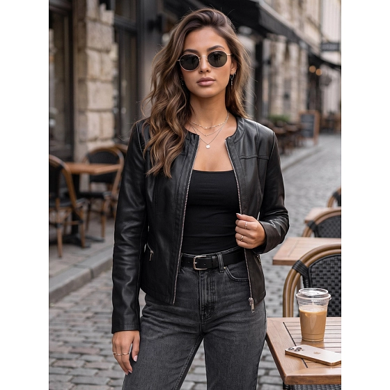 Dámská přiléhavá bunda z ekokůže TY5721 černá -  FashionStreet