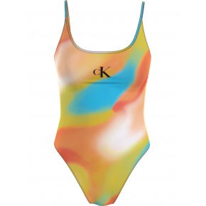 Dámské jednodílné plavky SCOOP ONE PIECE-PRINT KW0KW02086 0G0 oranžovožluté - Calvin Klein