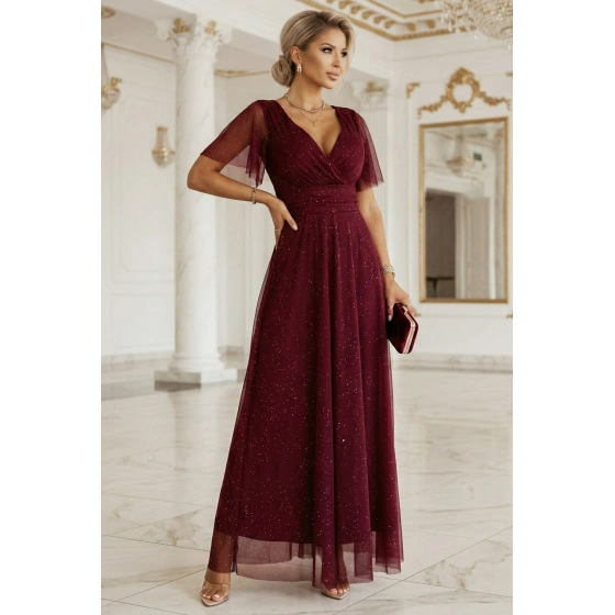 Dlouhé lesklé šaty 635-5 MELANIA  vínové - Numoco